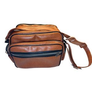 Vintage Brown Faux Leather Multi Pocket Crossbody Camera Bag 13x9